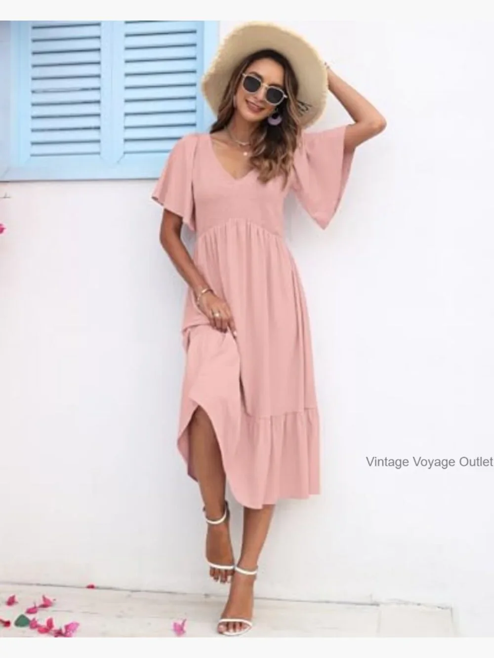 Smocked Empire Waist Midi Dress with Flutter Sleeves - Lightweight & Flowy - Picture 4 of 7